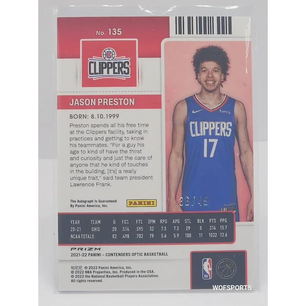 2021-22 Panini Contenders #135 Jason Preston Rookie Ticket Auto Blue Prizm 36/49